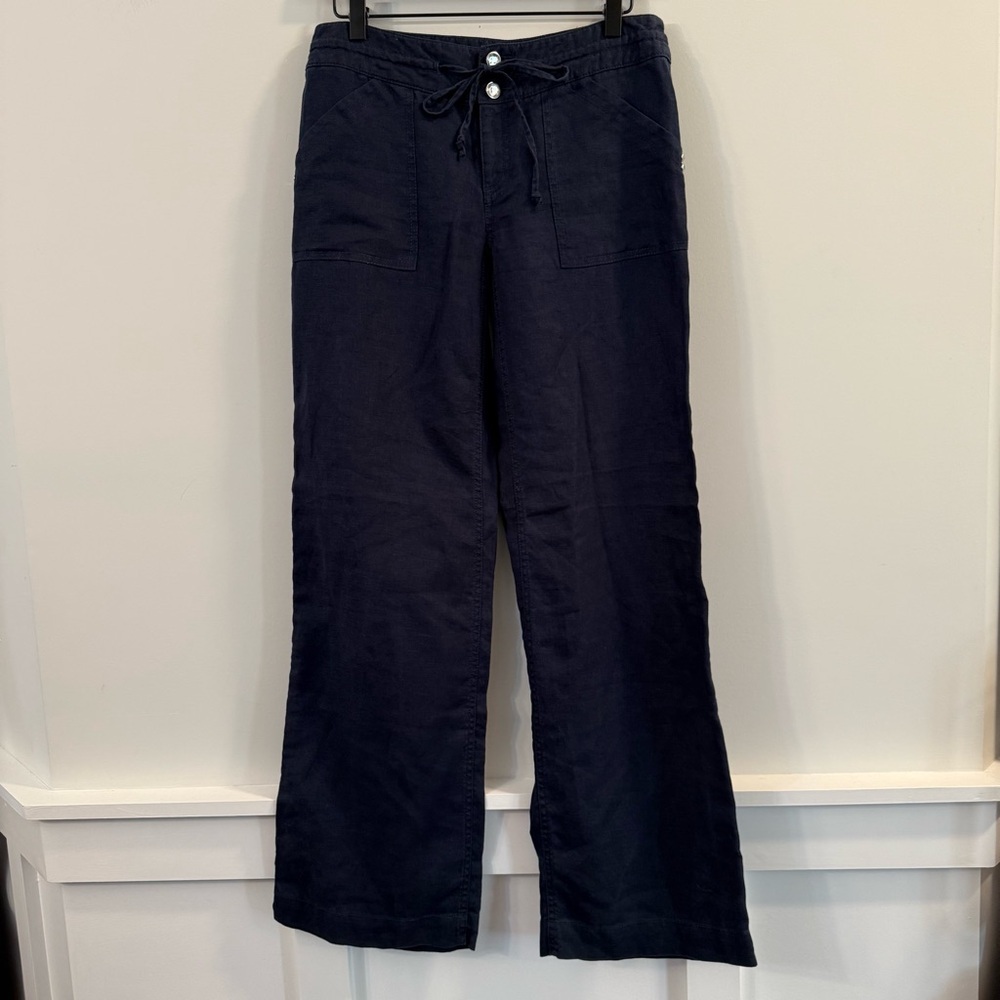 Women’s INC Navy Blue linen Wide-Leg Pants with Drawstring waist size 2